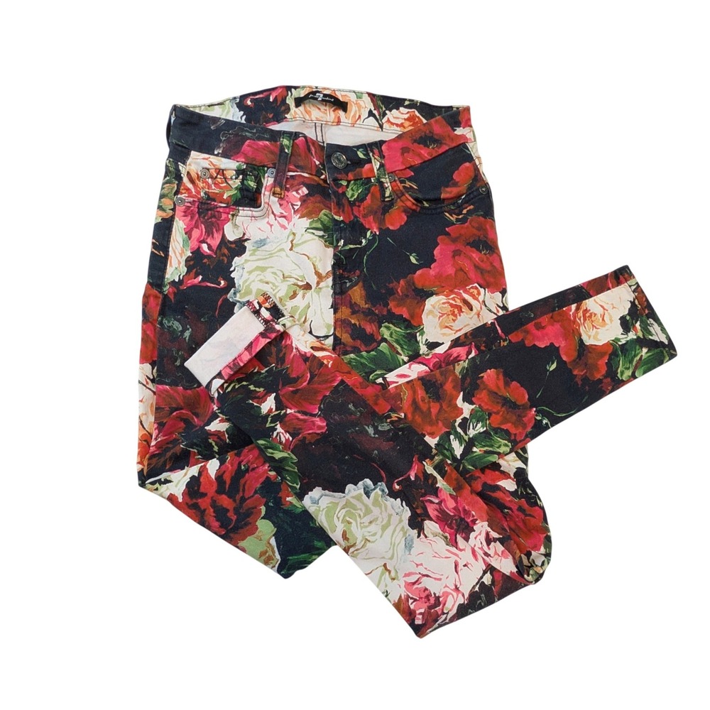 7 For All Mankind Floral Print‎ Skinny Jeans Red Pink Rose Boho Size 25
